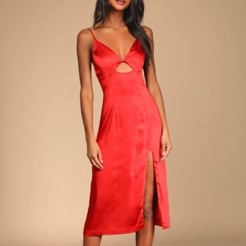 EUC Enjoy a Dance Red Satin Cutout Midi Dress